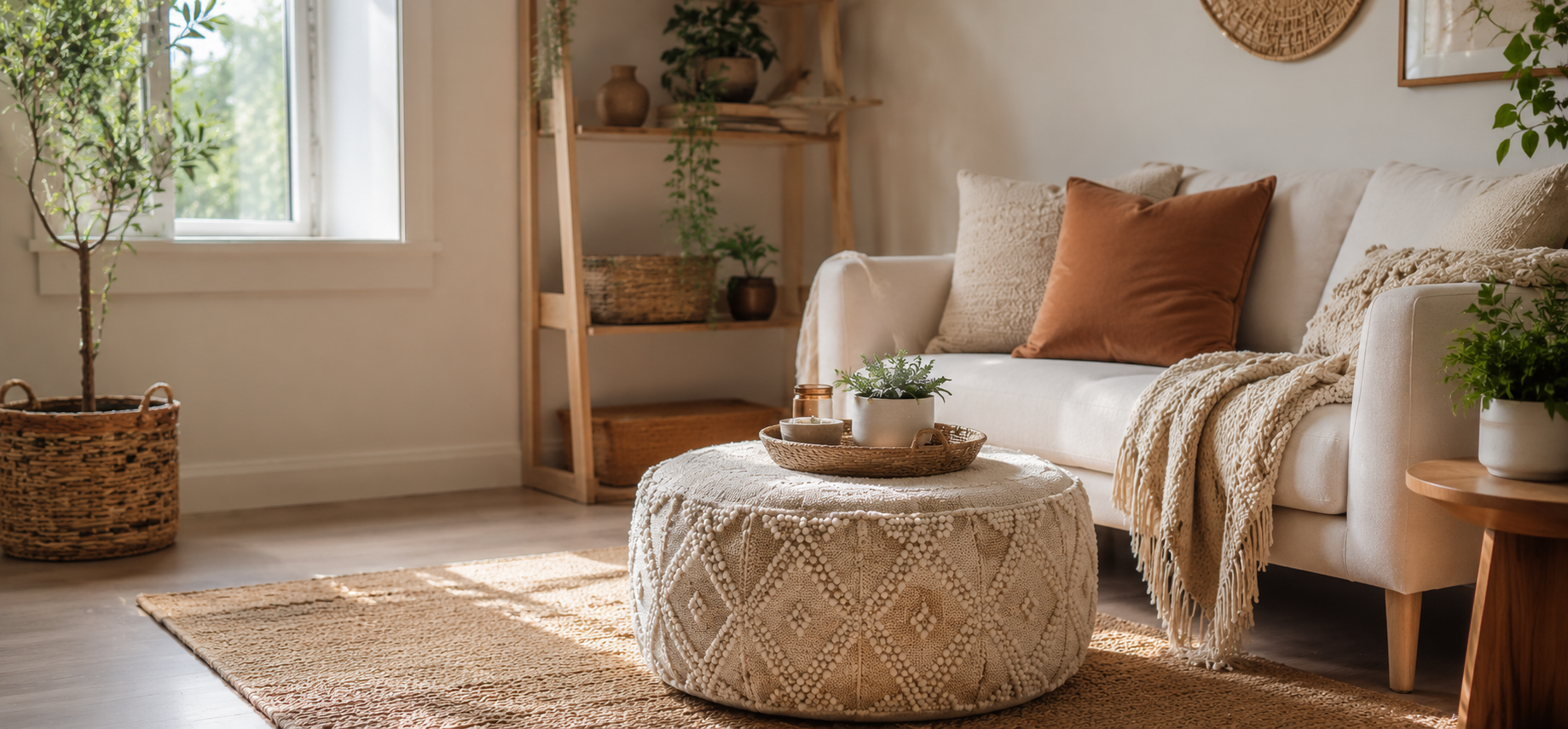 Realistic modern pouf ottoman in a small boho-inspired living room with neutral décor for compact space styling ideas