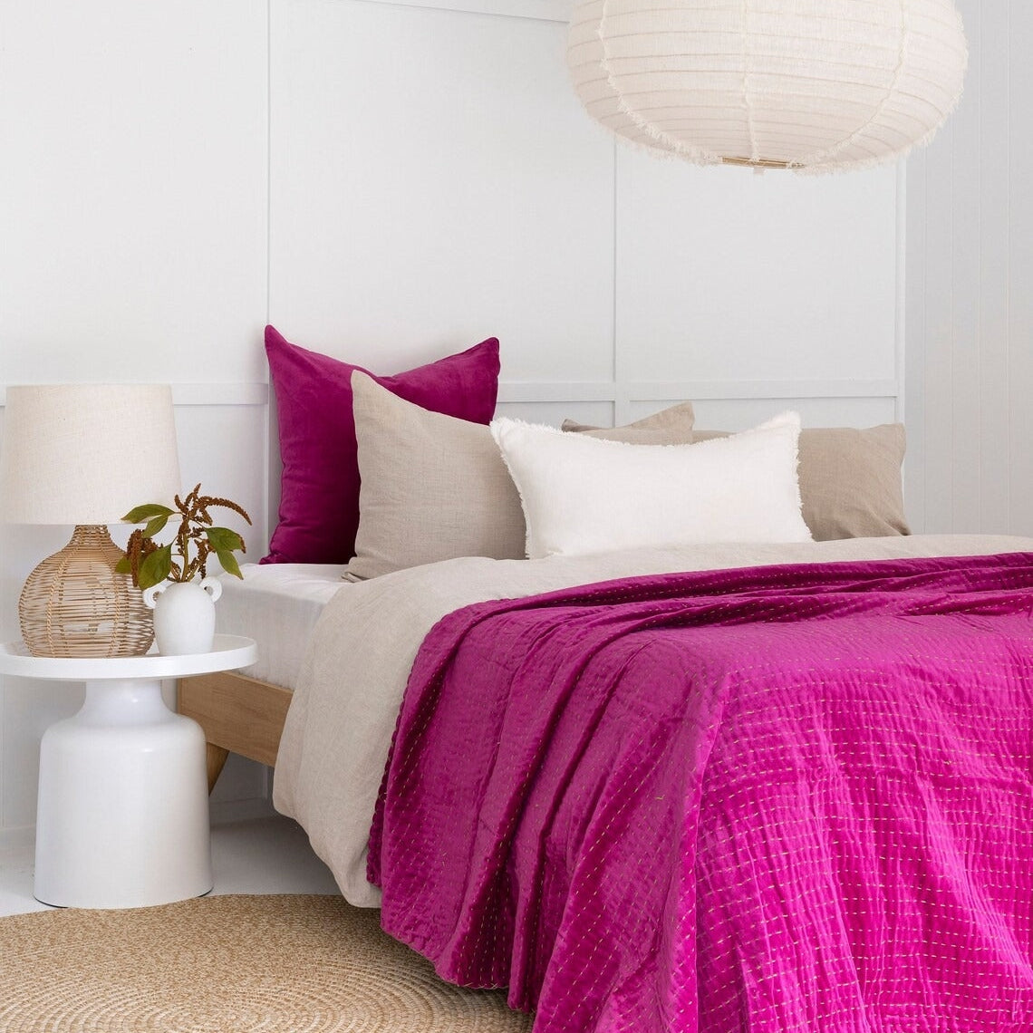Velvet Kantha Quilt - Boho Rani Pink | Reversible Cotton Bedspread