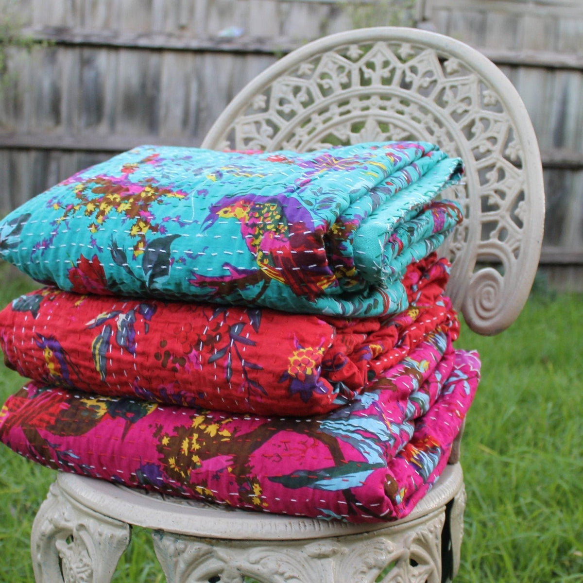 Sky Bird Boho Handmade Kantha Quilt - Elegant | Reversible Cotton Bedspread