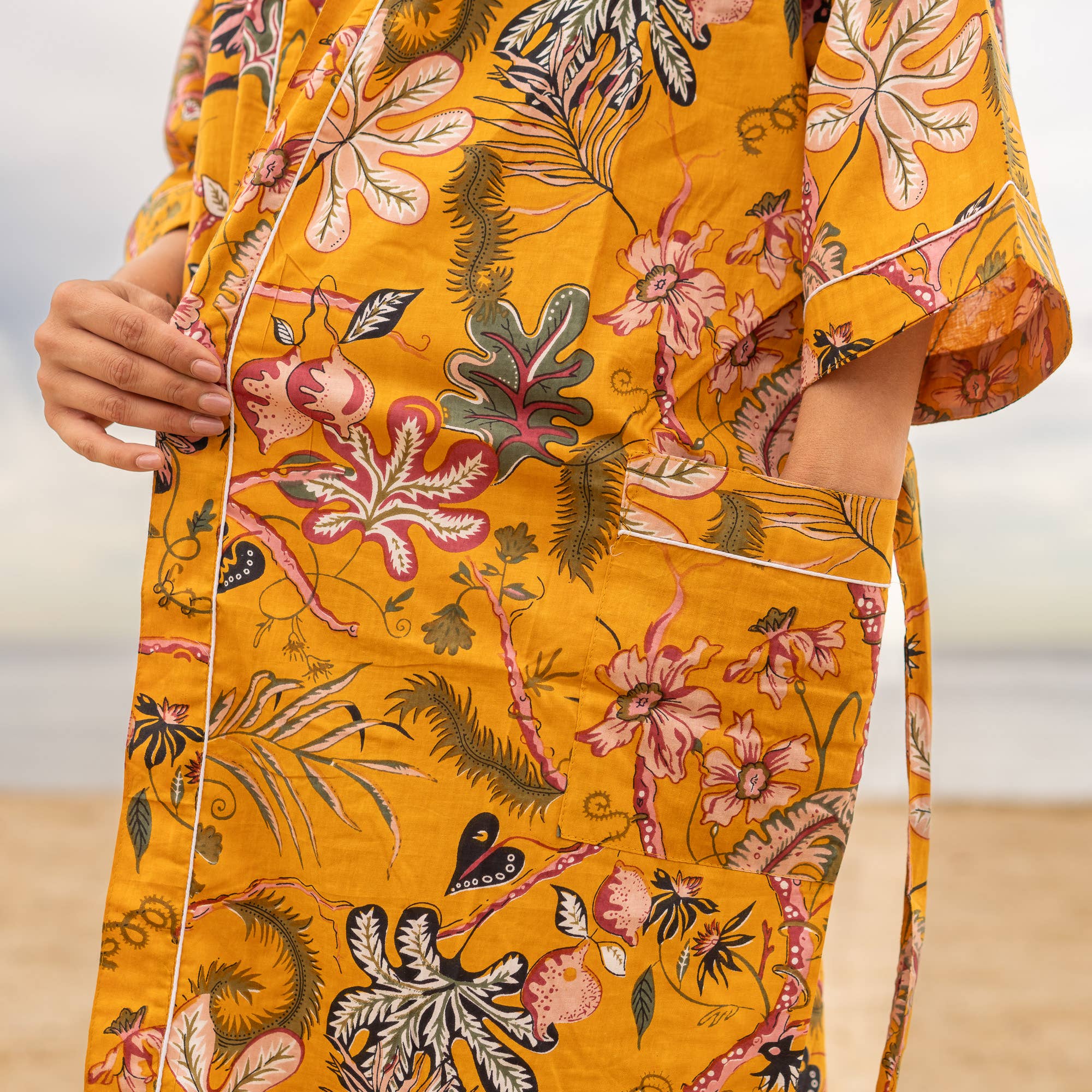 MUSTARD PARADISE' Women's Cotton Kimono Robe - Tropical