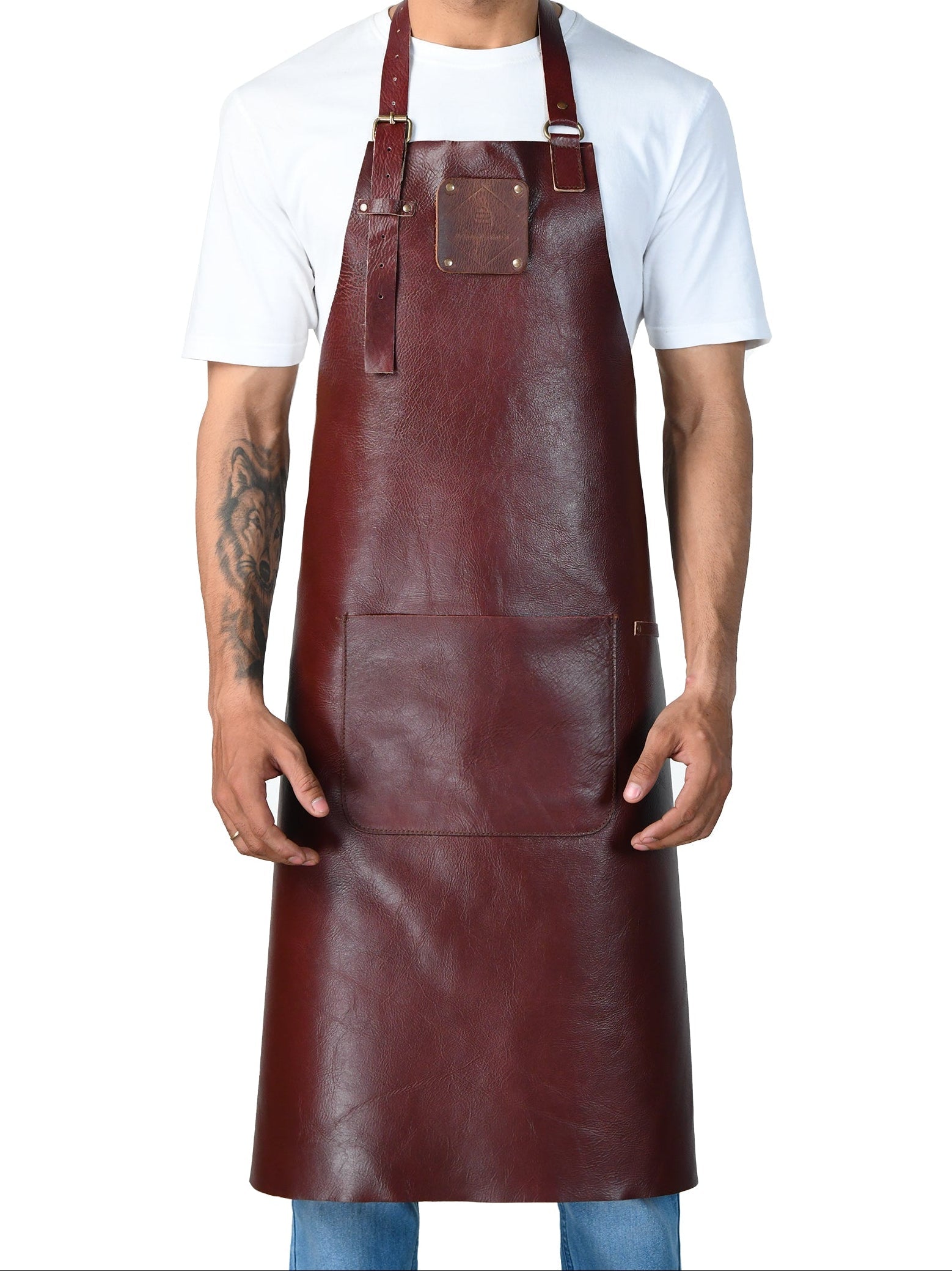 Handcrafted chestnut leather apron for chefs baristas and artisans
