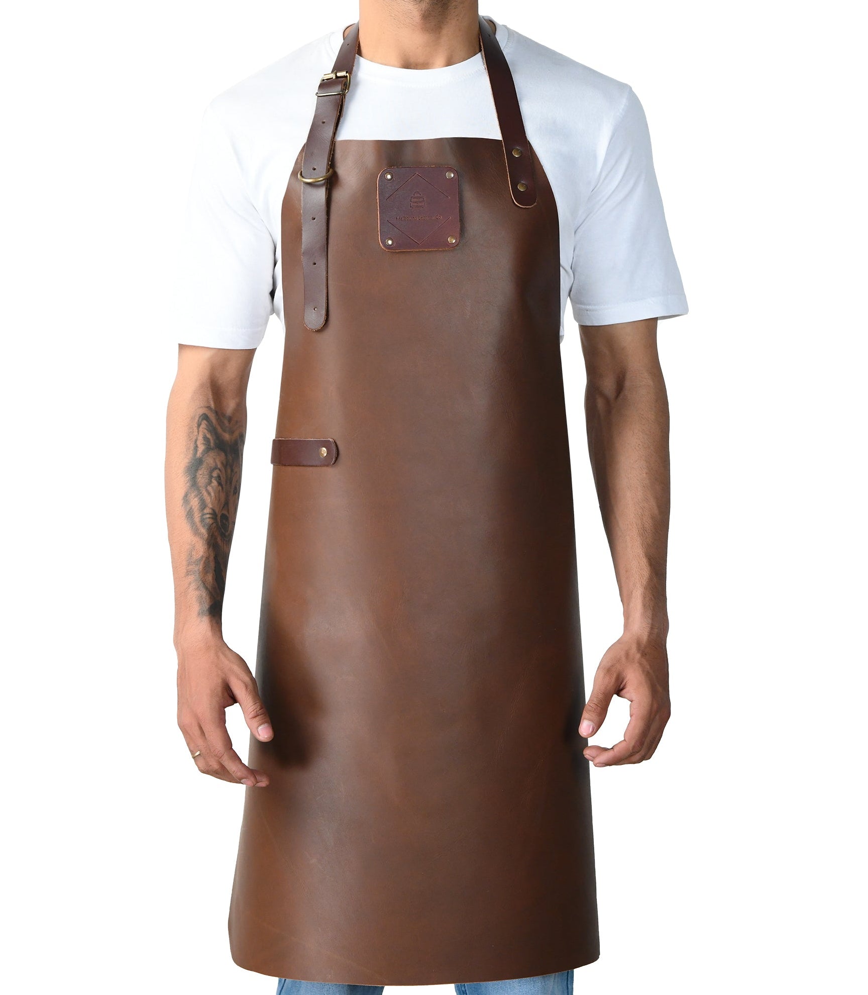 Handcrafted full-length leather apron in brown for chefs and craftsmen