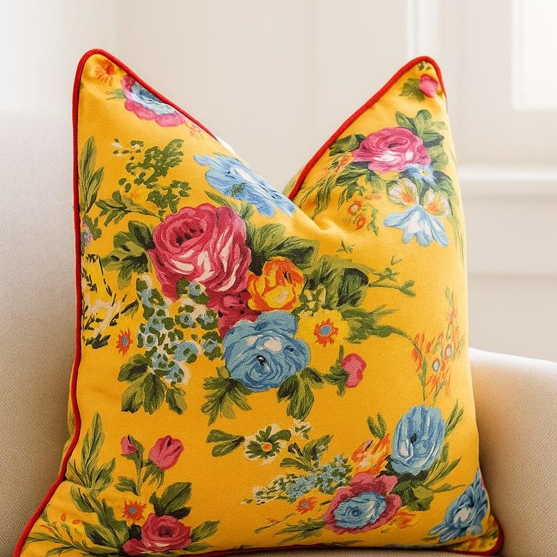 Yellow cotton cushion cover with vibrant pink, blue, and yellow floral print, red piping.