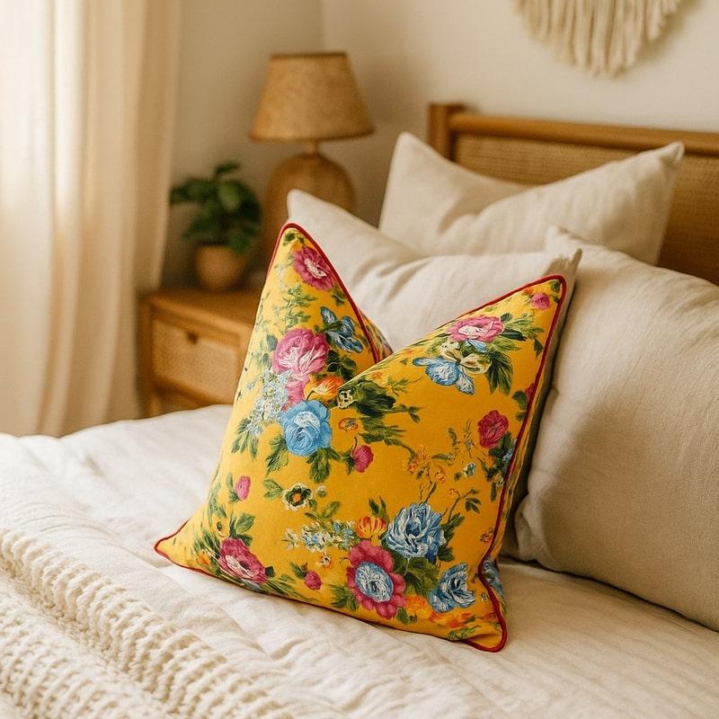 Yellow cotton cushion cover with vibrant pink and blue floral print, red piping, on a bed.