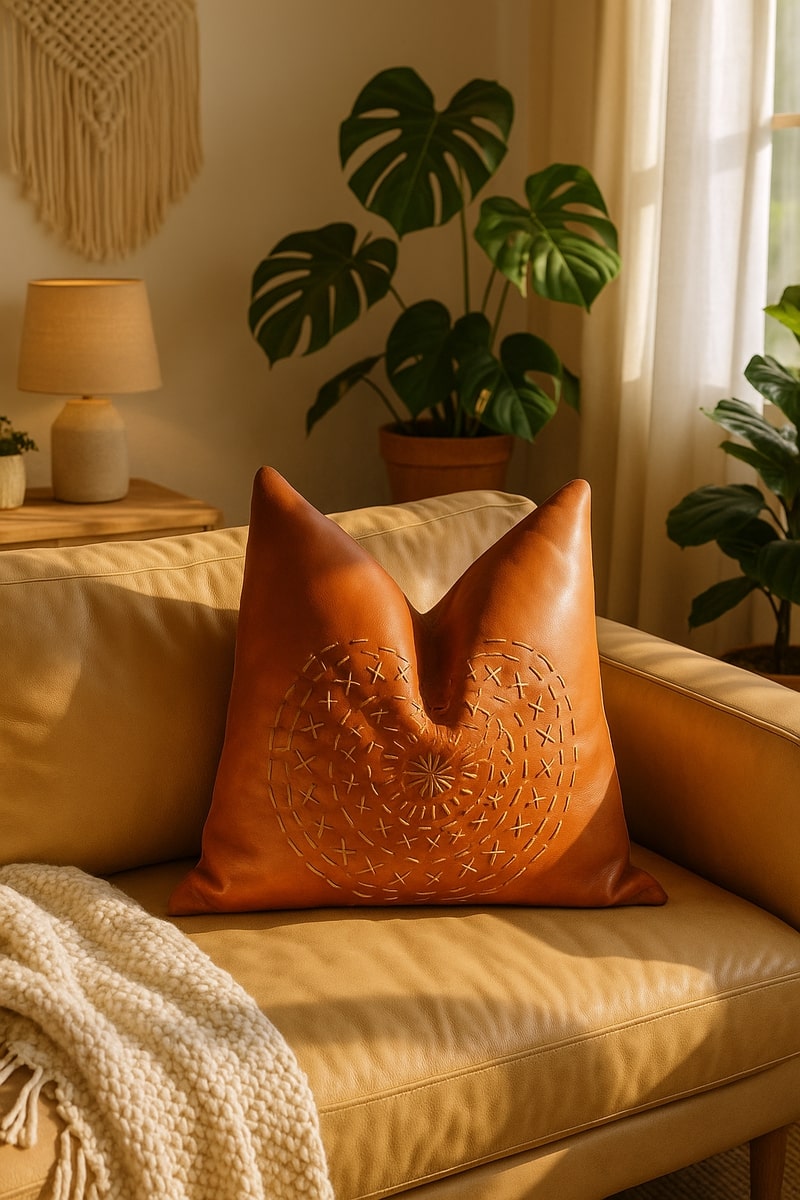 Tan Leather Cushion Cover - Orange Leather Accent