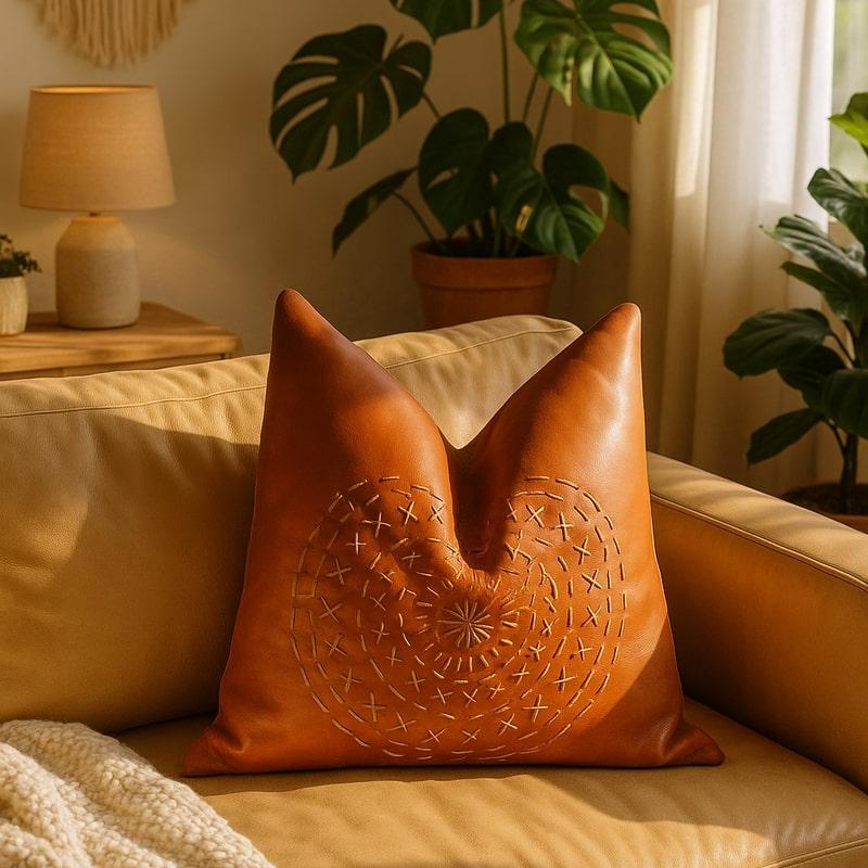 Tan leather cushion cover with white mandala embroidery on a leather sofa.