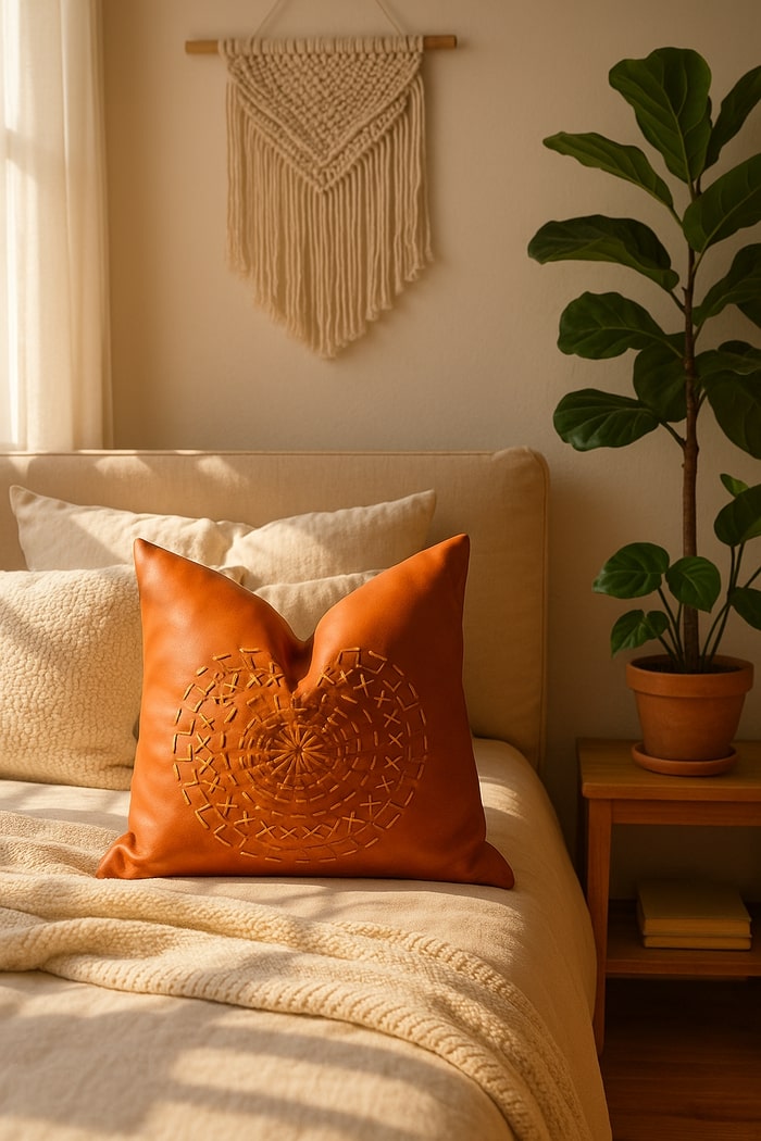 Tan Leather Cushion Cover - Orange Leather Accent