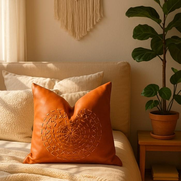 Tan leather cushion cover with a hand-stitched mandala design, styled on a bed.