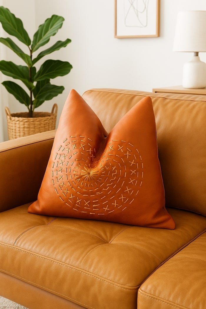 Tan Leather Cushion Cover - Orange Leather Accent