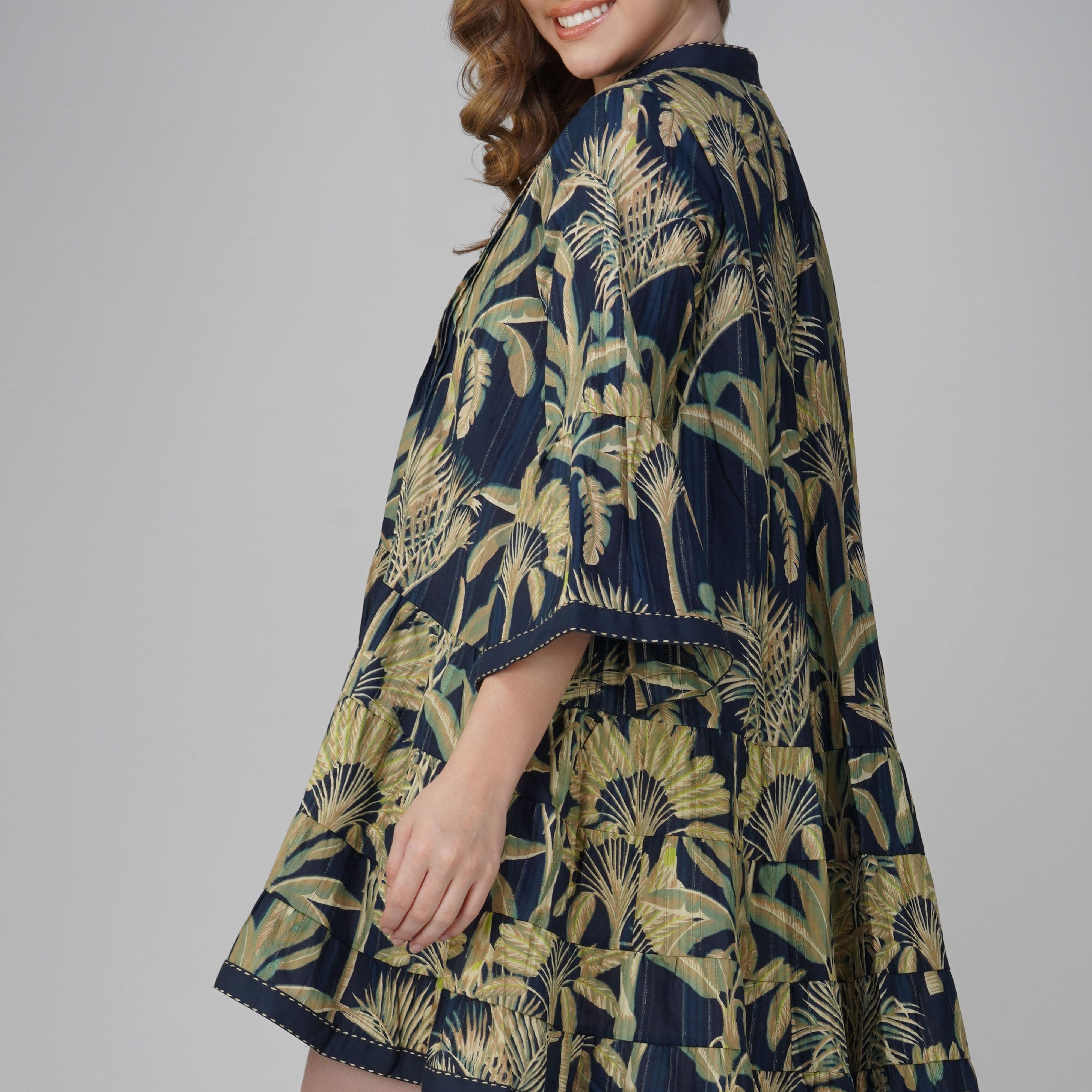 Back view of Palm Breeze tropical cotton mini dress with relaxed fit