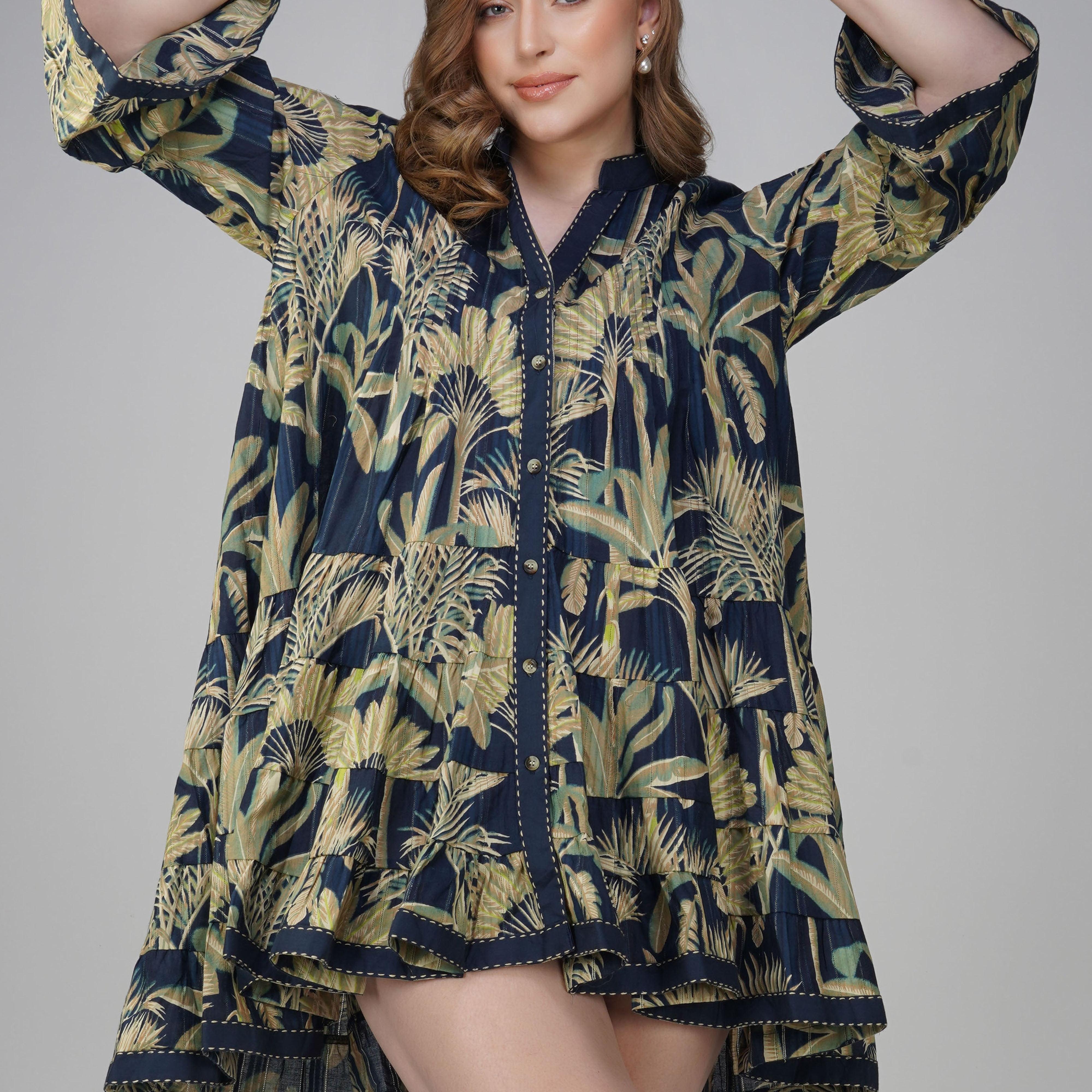 Bohemian-style tropical cotton mini dress styled for summer and casual wear