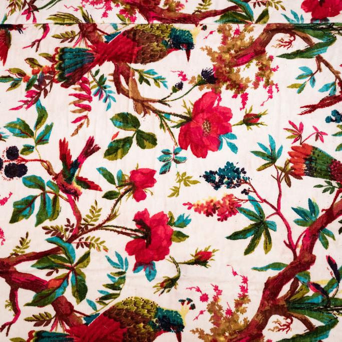 Tropical Birds Velvet Quilt - Handcrafted Artisan Block Print Bedding