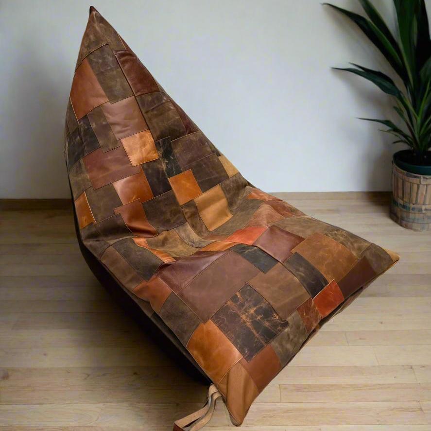 Vintage brown patchwork cowhide leather bean bag cover with earthy tones.