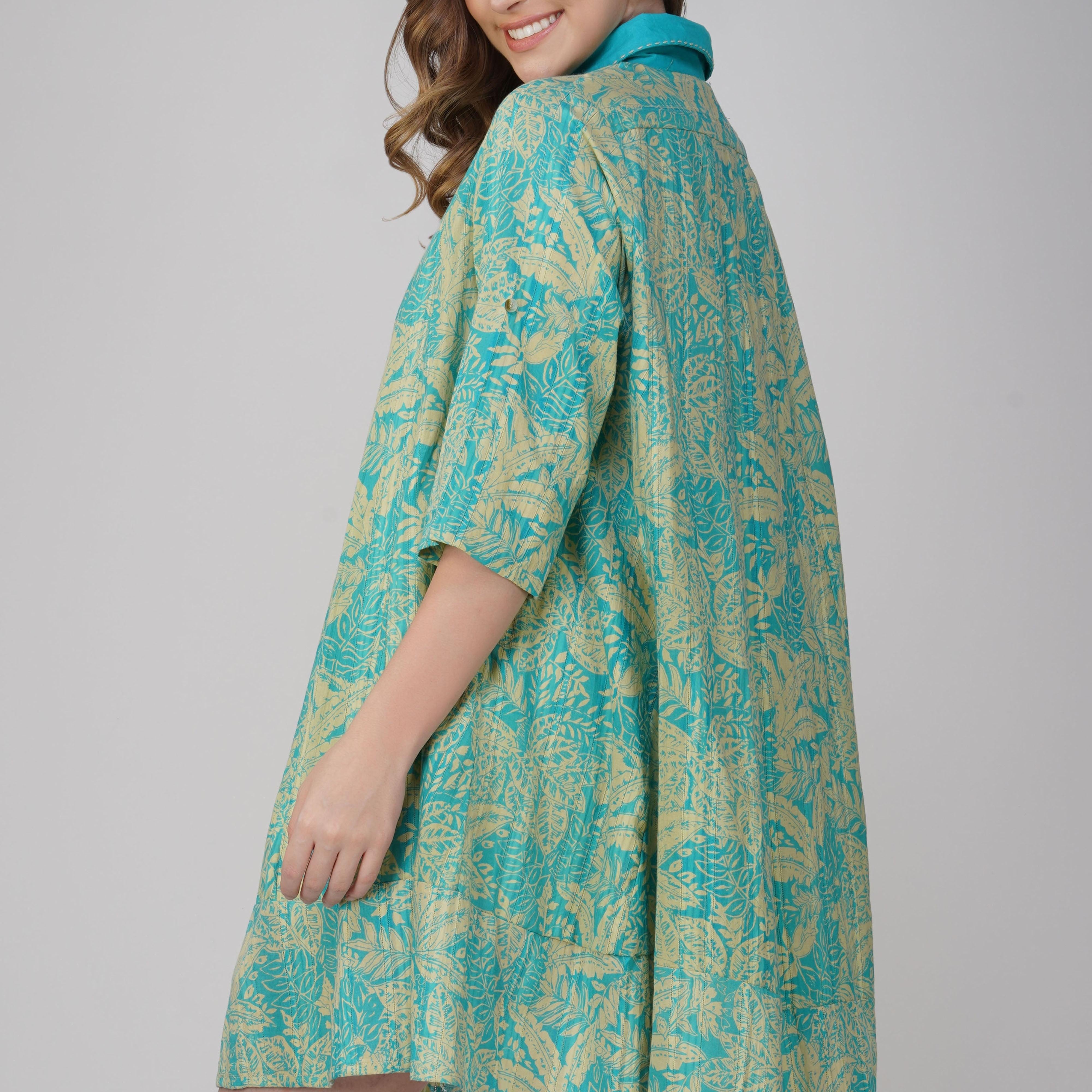 Boho cotton shirt dress with artisan hand block print, side view
