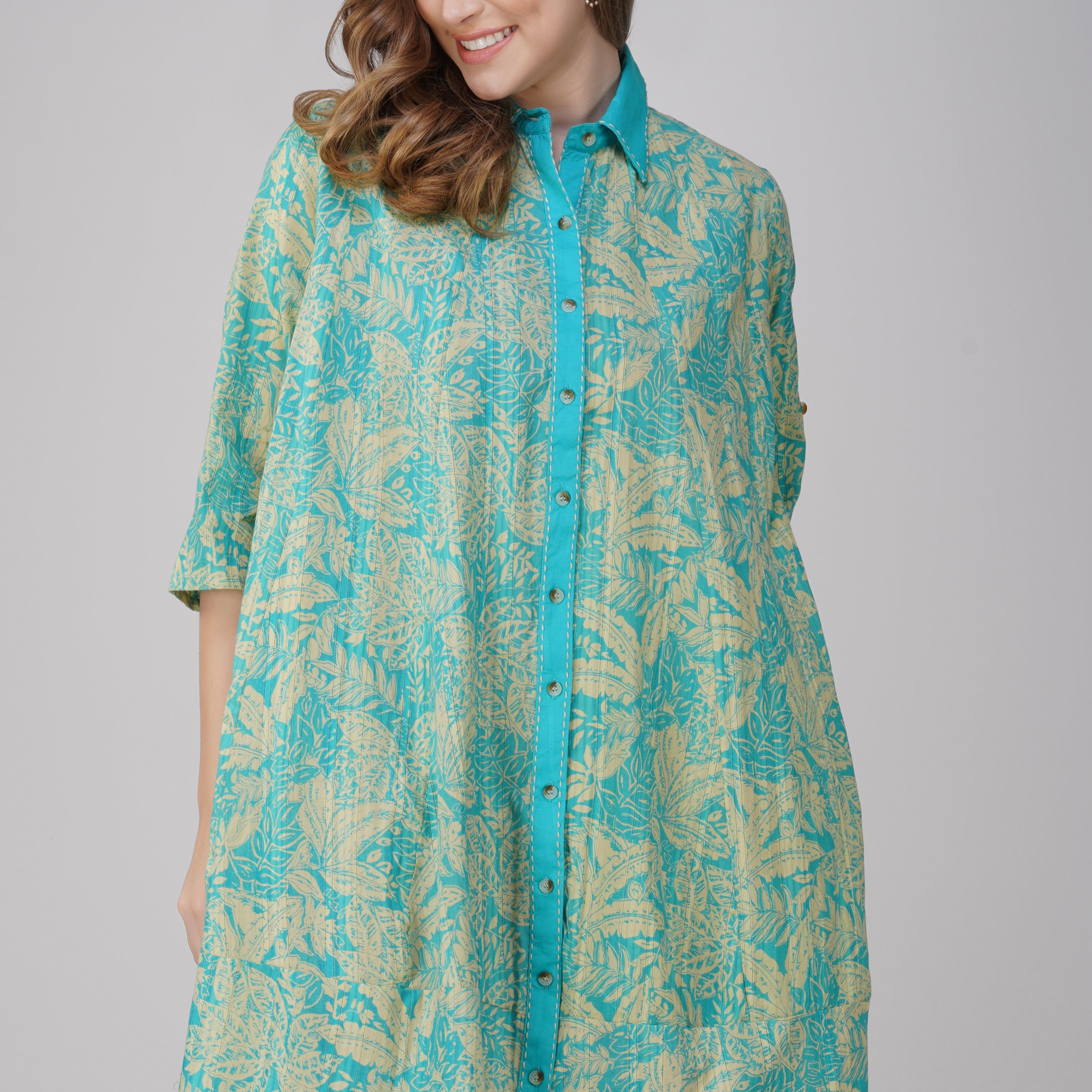 Close-up of hand block print and fabric texture on Aqua Bloom cotton shirt dress