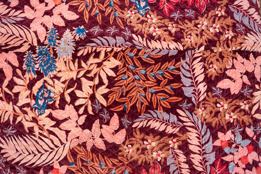 Embroidered Velvet Quilt - Autumn Garden in Rust & Wine