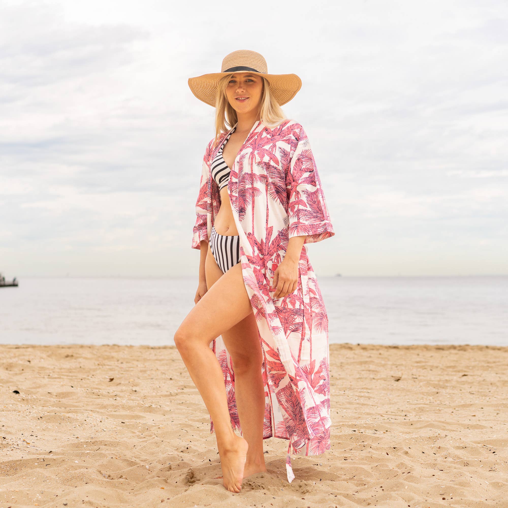 PINK PALM' Women's Cotton Kimono Robe - Elegant Palm