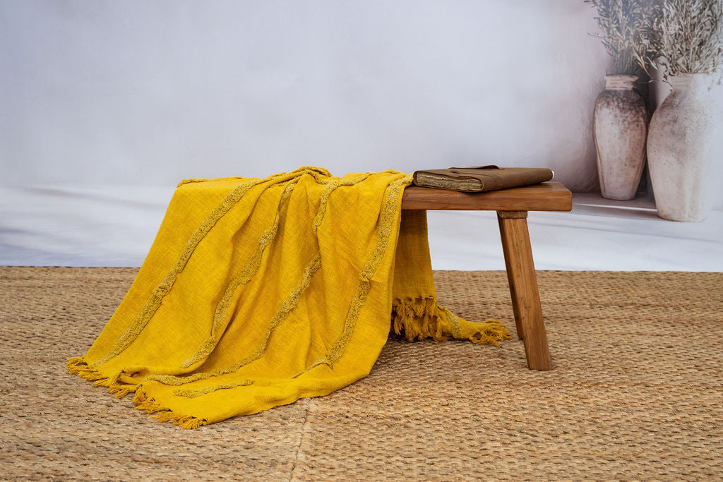 Golden Mustard Cotton Throw - Handwoven Boho Textured Blanket | 125x175cm