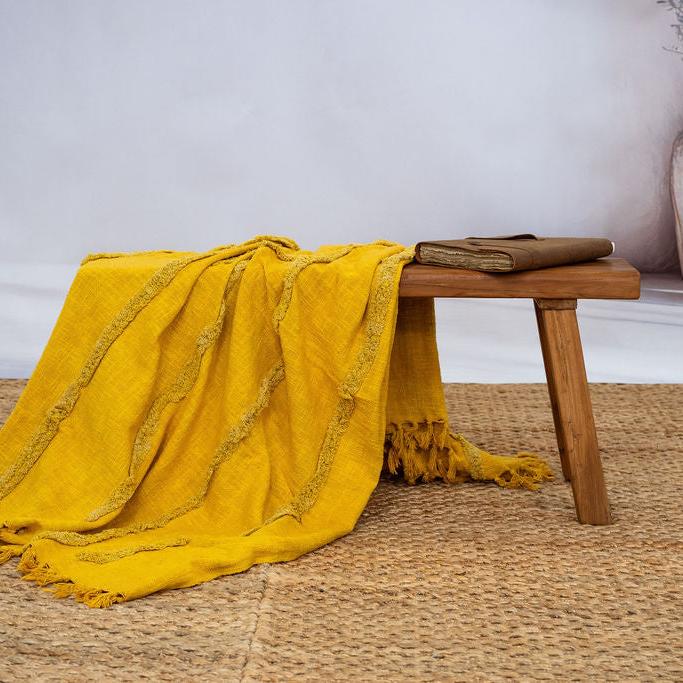 Golden Mustard Cotton Throw - Handwoven Boho Textured Blanket | 125x175cm