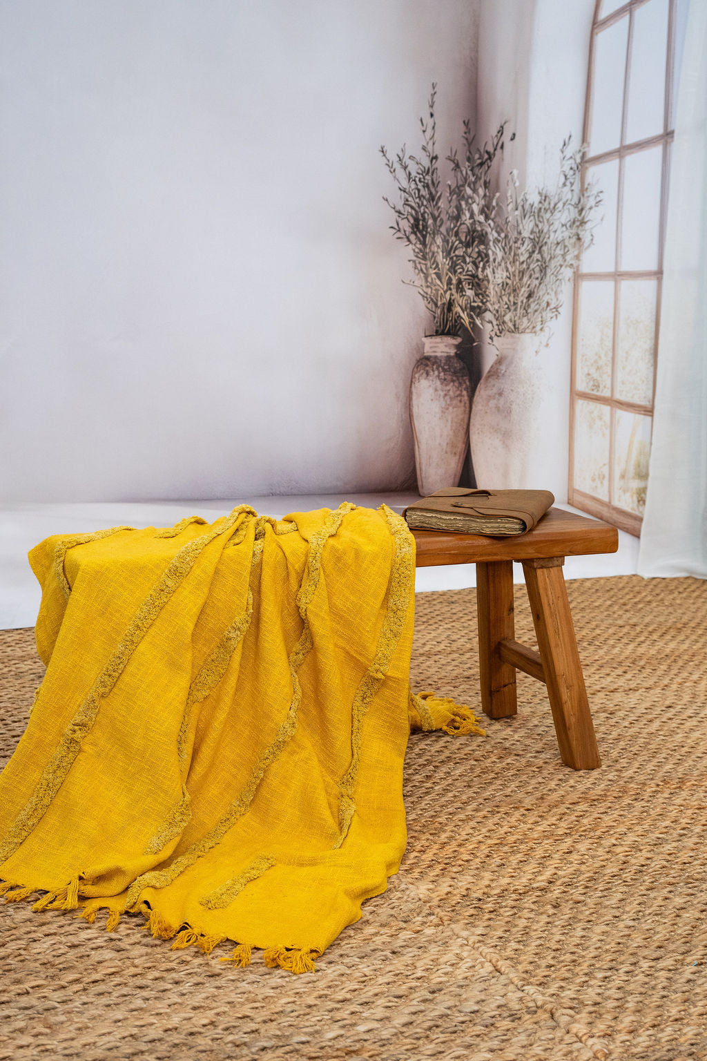 Golden Mustard Cotton Throw - Handwoven Boho Textured Blanket | 125x175cm
