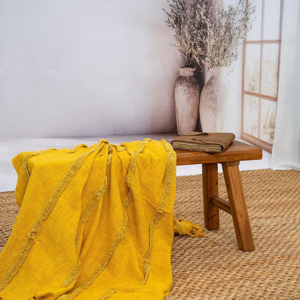 Golden Mustard Cotton Throw - Handwoven Boho Textured Blanket | 125x175cm