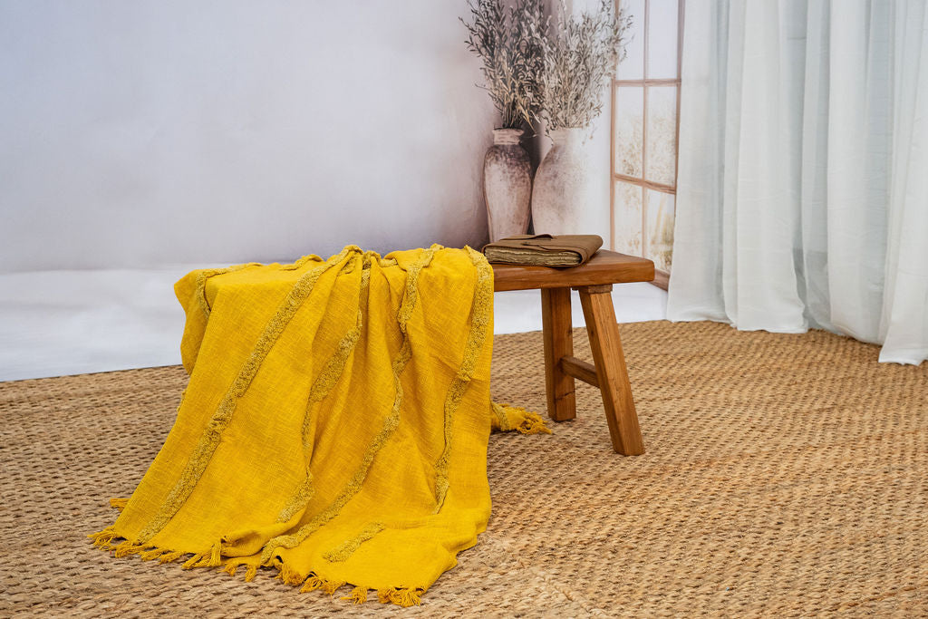 Golden Mustard Cotton Throw - Handwoven Boho Textured Blanket | 125x175cm