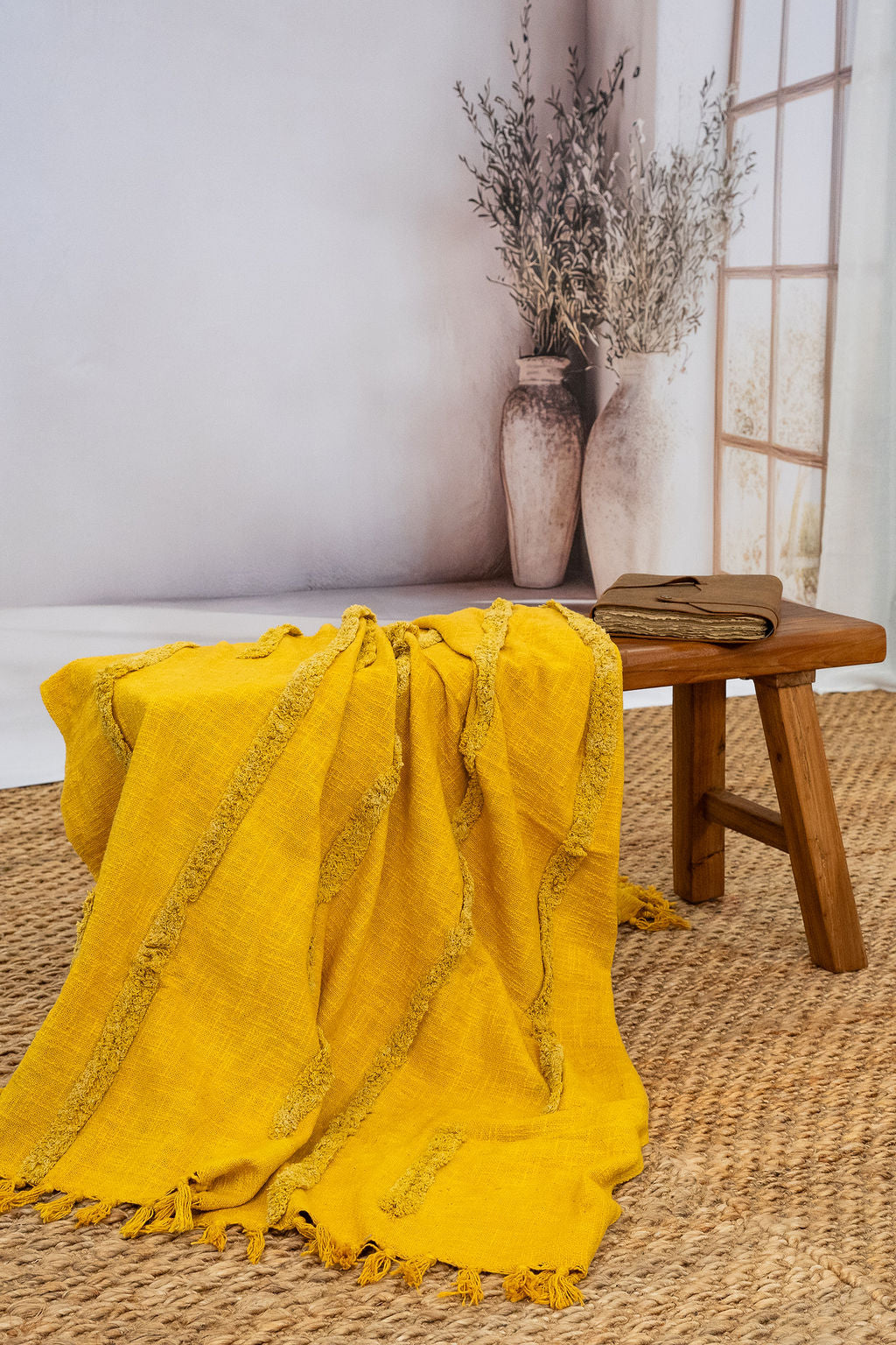 Golden Mustard Cotton Throw - Handwoven Boho Textured Blanket | 125x175cm