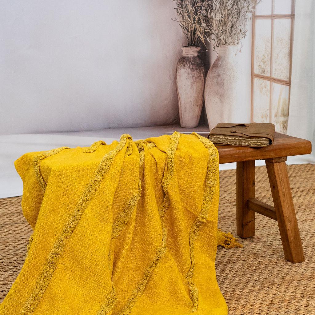 Golden Mustard Cotton Throw - Handwoven Boho Textured Blanket | 125x175cm
