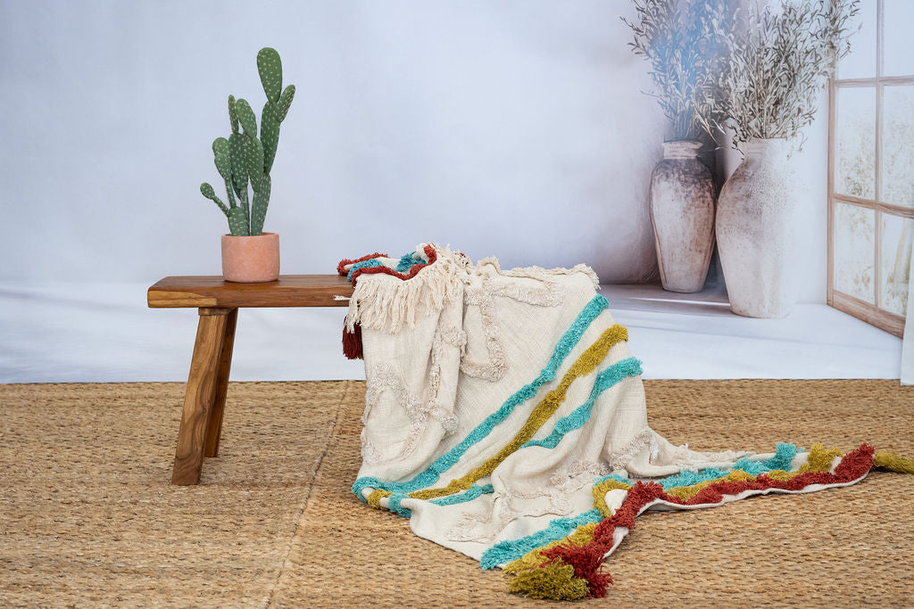 Boho Cotton Throw Blanket - Handwoven Textured Design with Tassel Finish | 125x175cm