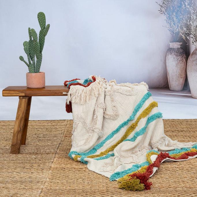 Boho Cotton Throw Blanket - Handwoven Textured Design with Tassel Finish | 125x175cm