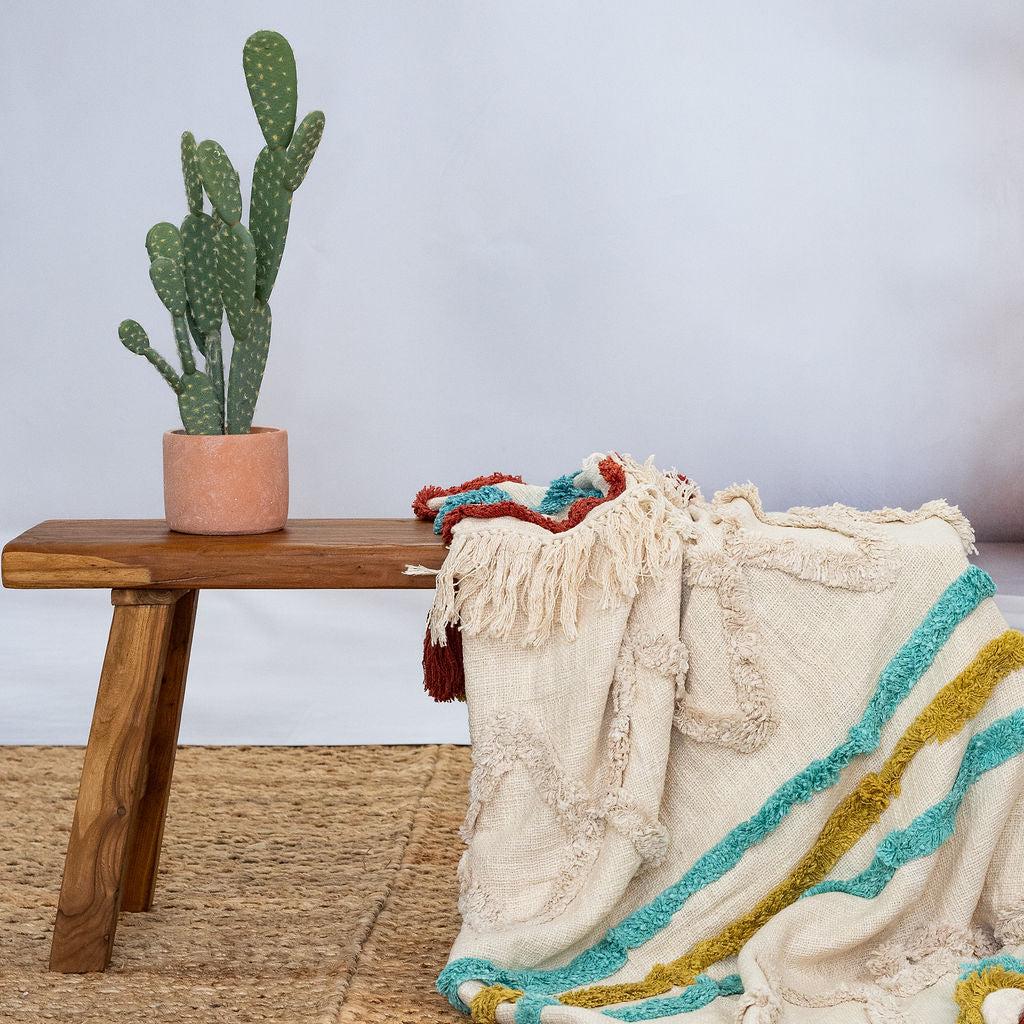 Boho Cotton Throw Blanket - Handwoven Textured Design with Tassel Finish | 125x175cm