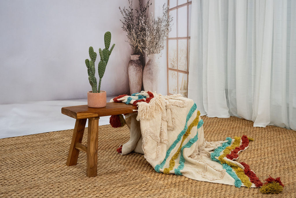 Boho Cotton Throw Blanket - Handwoven Textured Design with Tassel Finish | 125x175cm