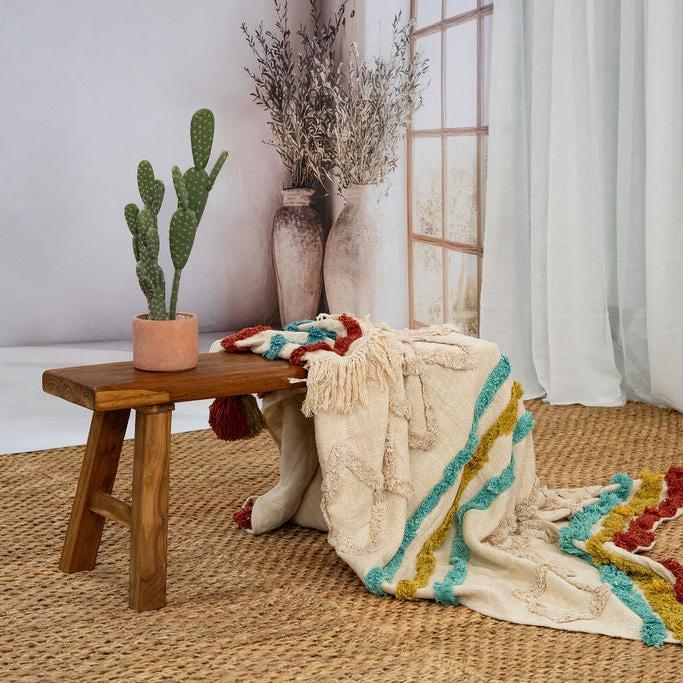 Boho Cotton Throw Blanket - Handwoven Textured Design with Tassel Finish | 125x175cm