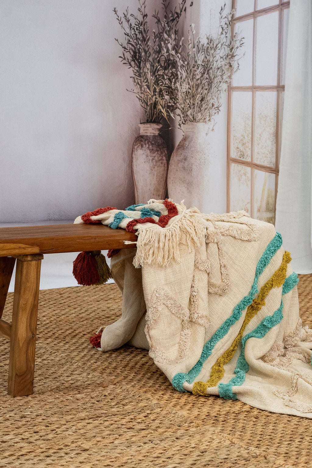 Boho Cotton Throw Blanket - Handwoven Textured Design with Tassel Finish | 125x175cm