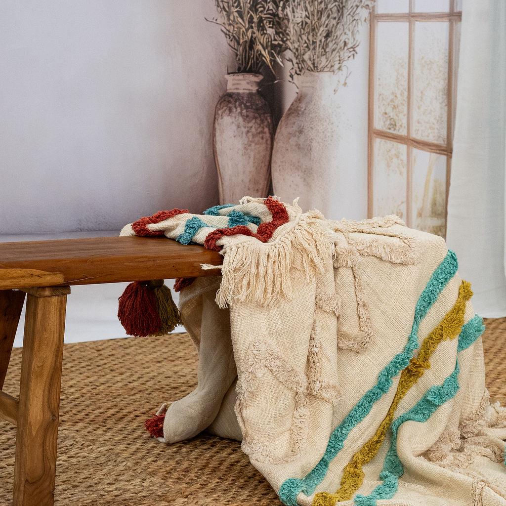 Boho Cotton Throw Blanket - Handwoven Textured Design with Tassel Finish | 125x175cm