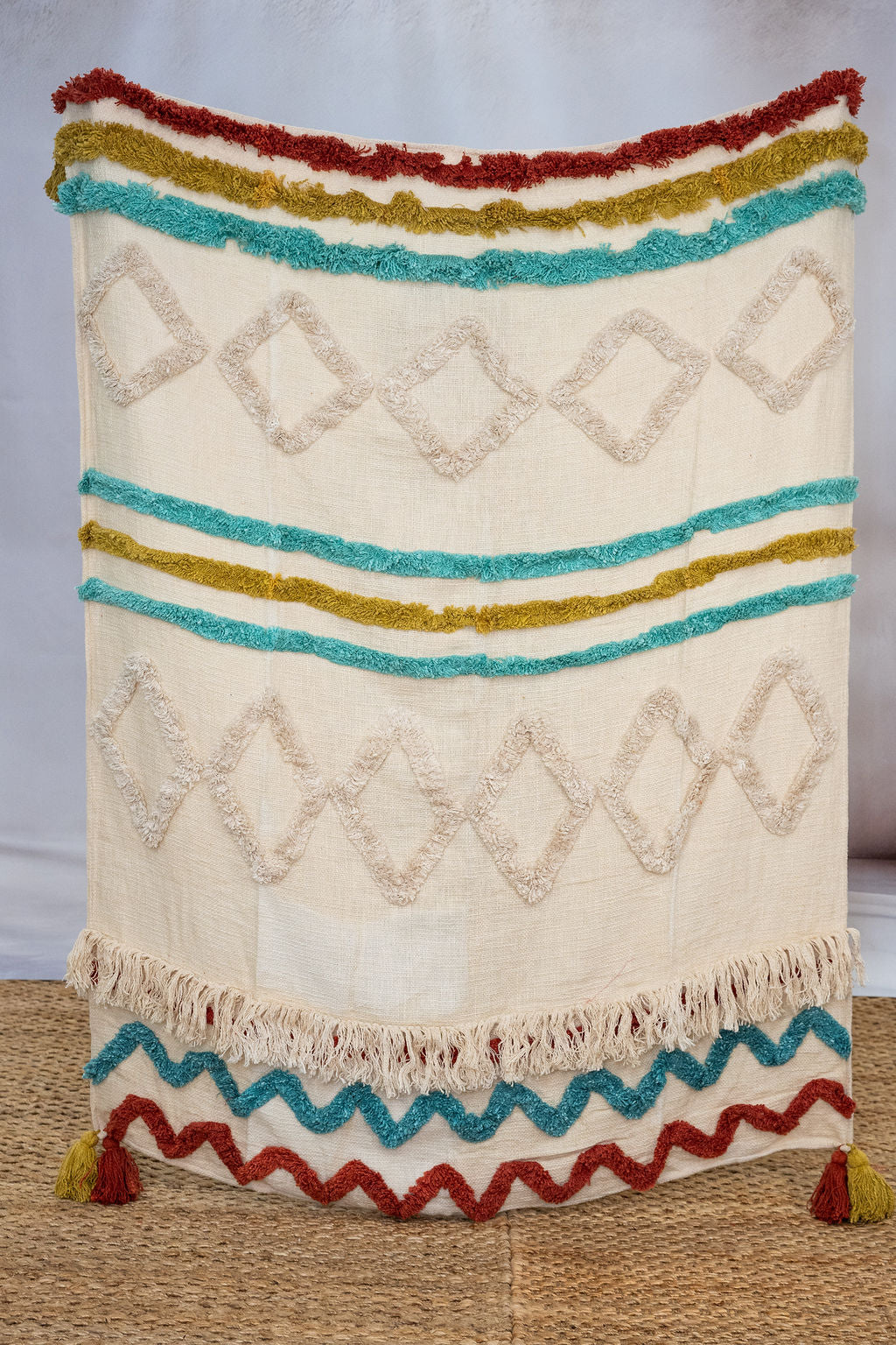 Boho Cotton Throw Blanket - Handwoven Textured Design with Tassel Finish | 125x175cm