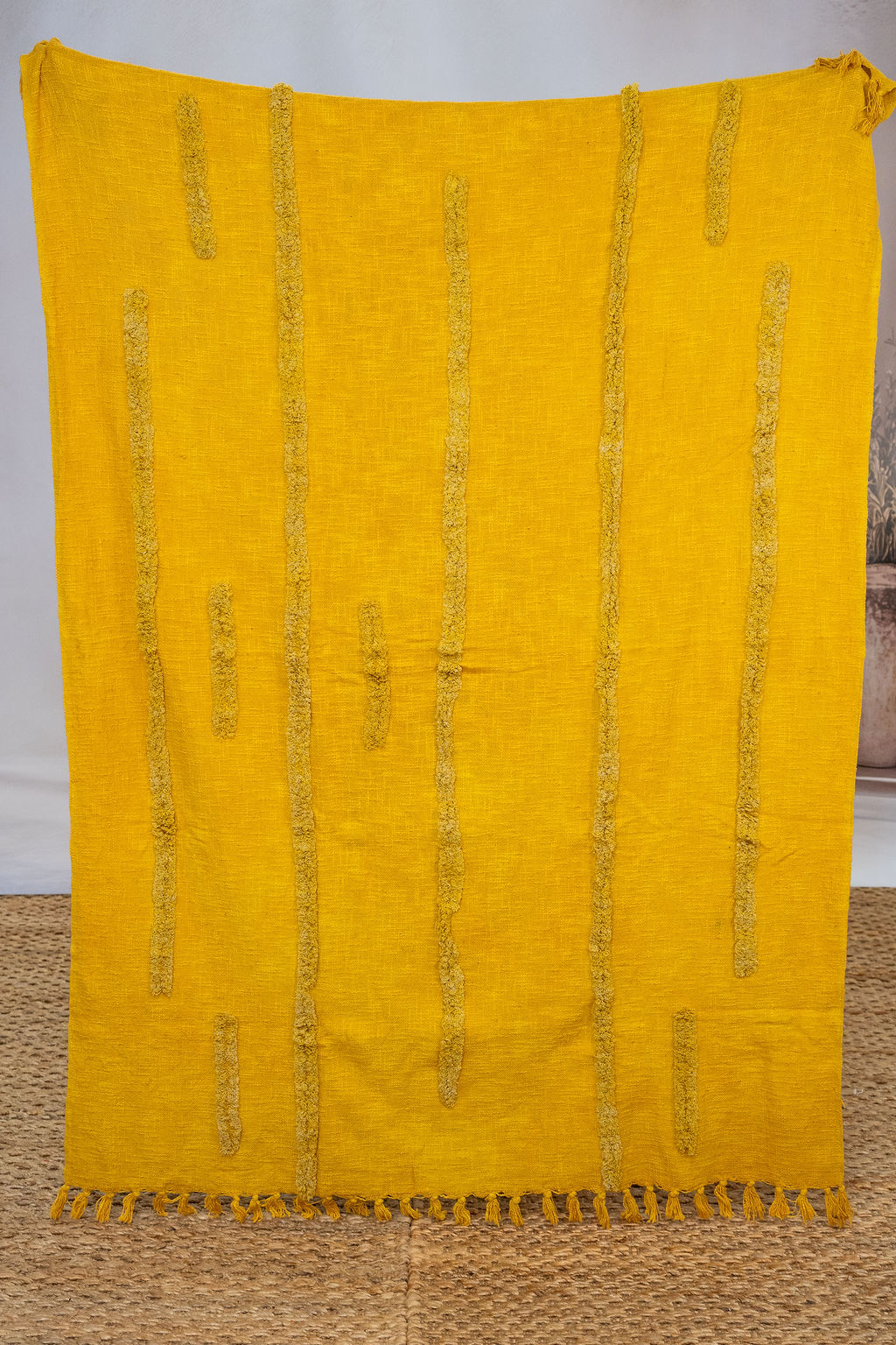 Golden Mustard Cotton Throw - Handwoven Boho Textured Blanket | 125x175cm