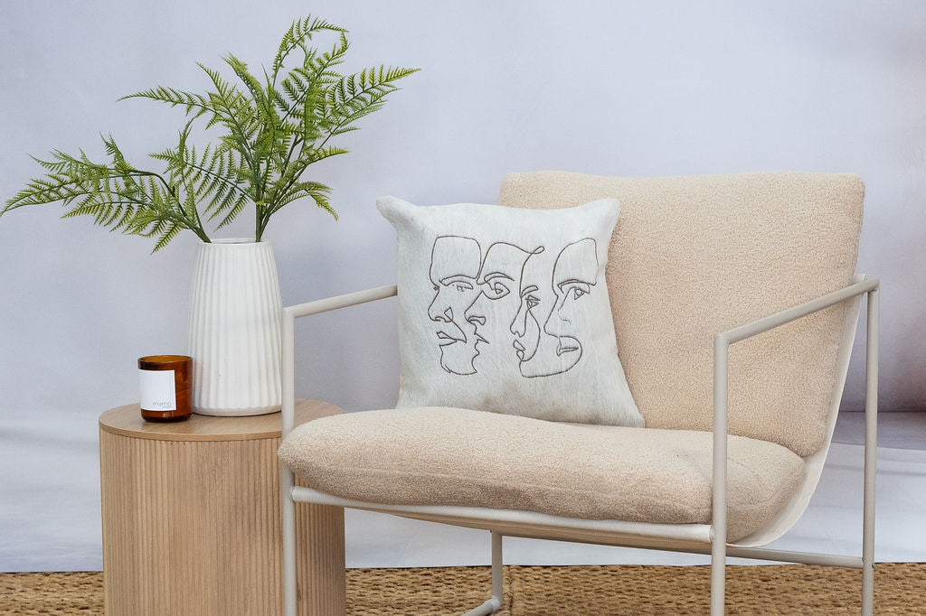 Handmade Cowhide Cushion Cover - Abstract Face Design