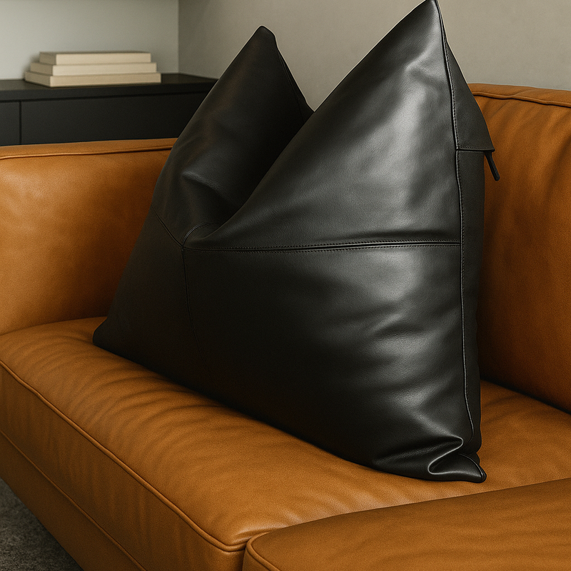 Black full-grain leather cushion cover with subtle stitching, resting on a tan leather sofa.