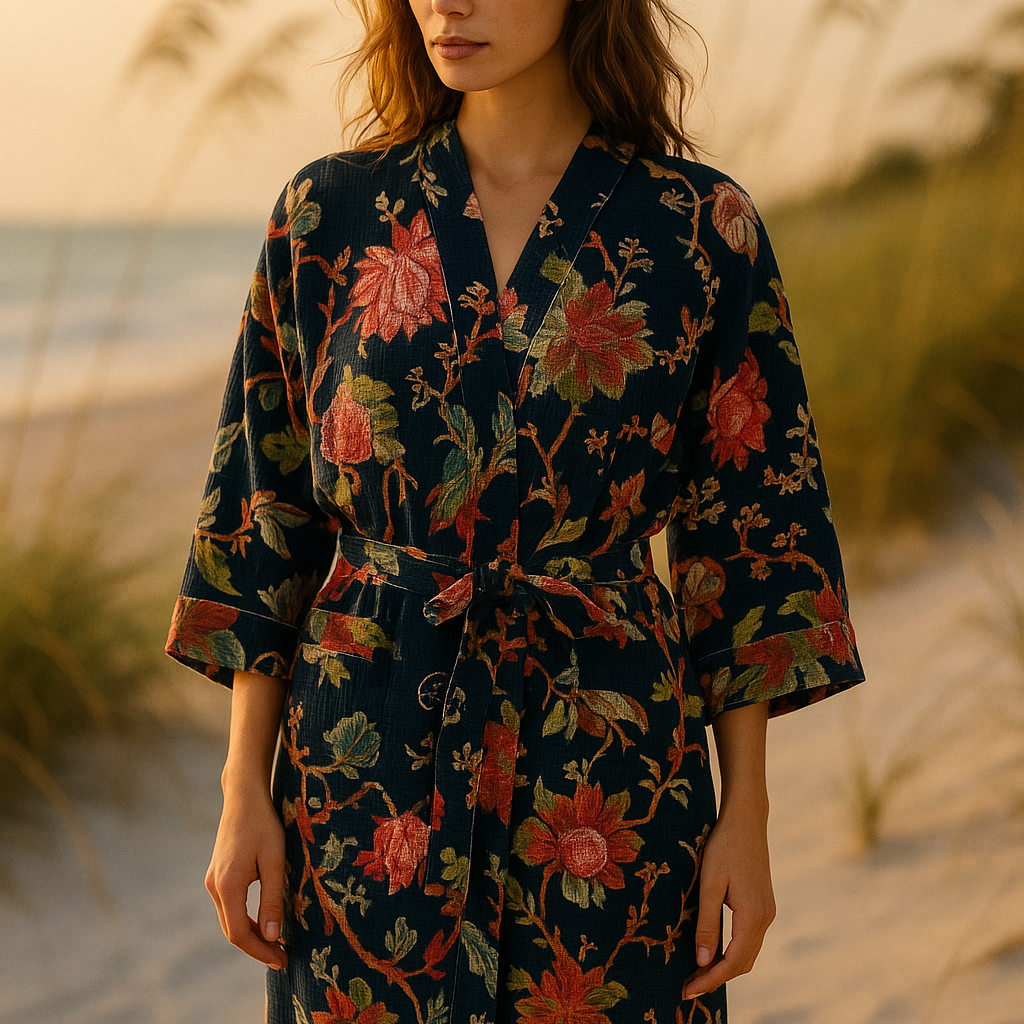 Bloom Waffle Cotton Kimono Robe Midnight