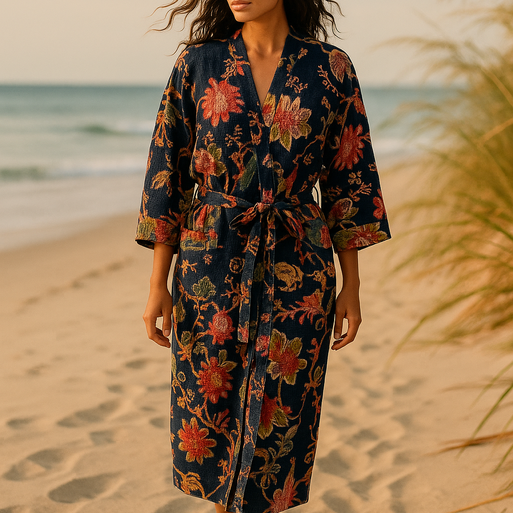 Bloom Waffle Cotton Kimono Robe Midnight