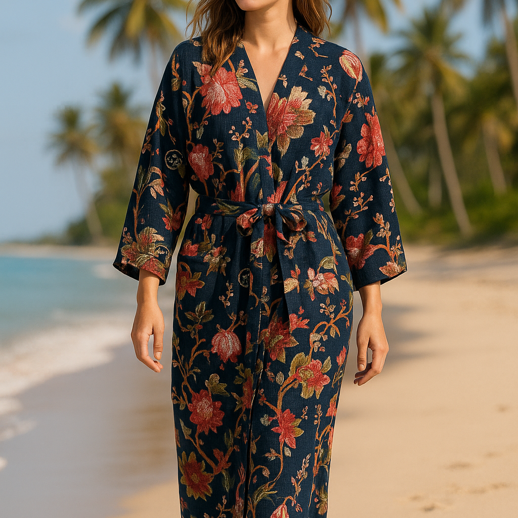 Bloom Waffle Cotton Kimono Robe Midnight