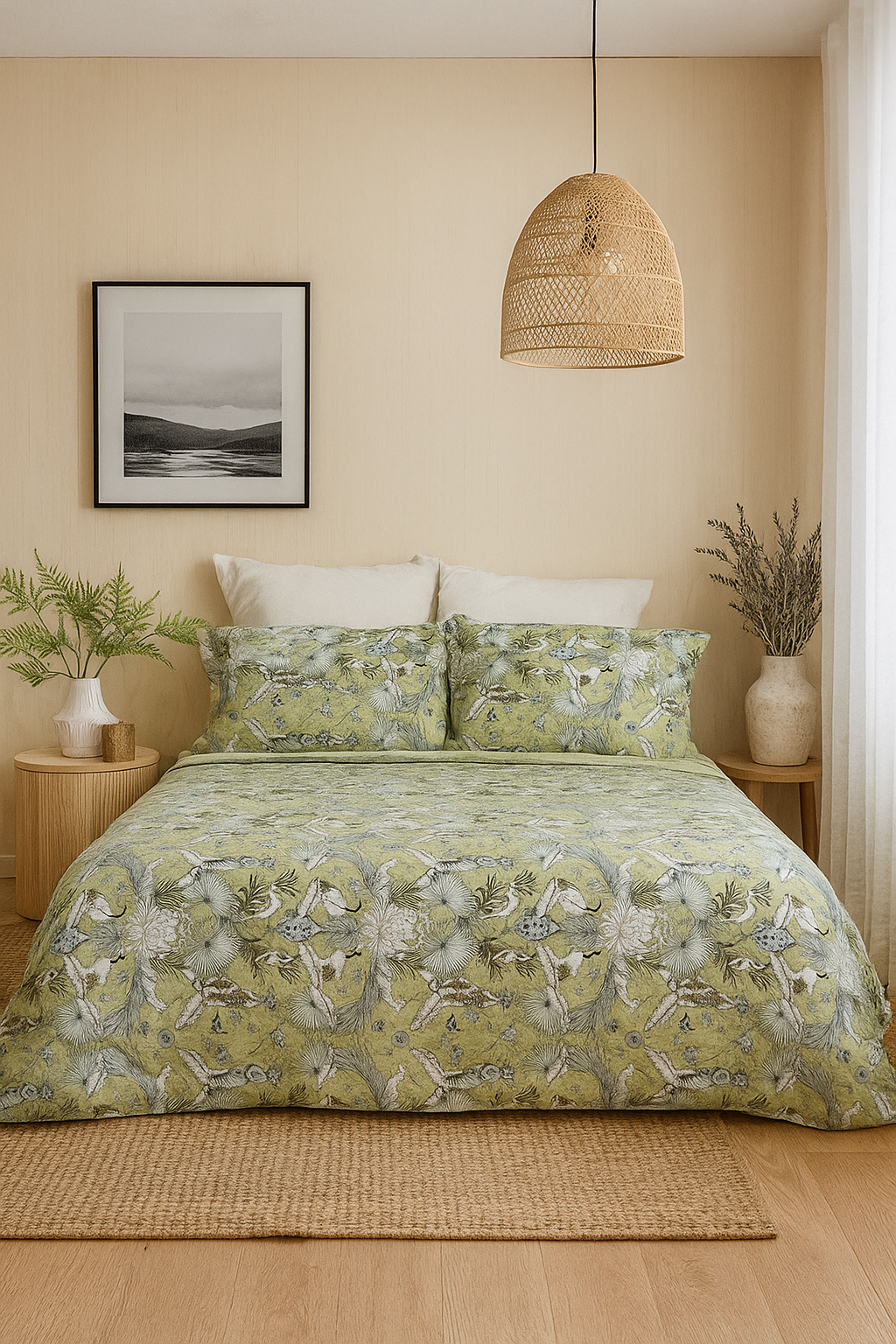 Green Botanical Cotton Quilt Set - Reversible Bedding