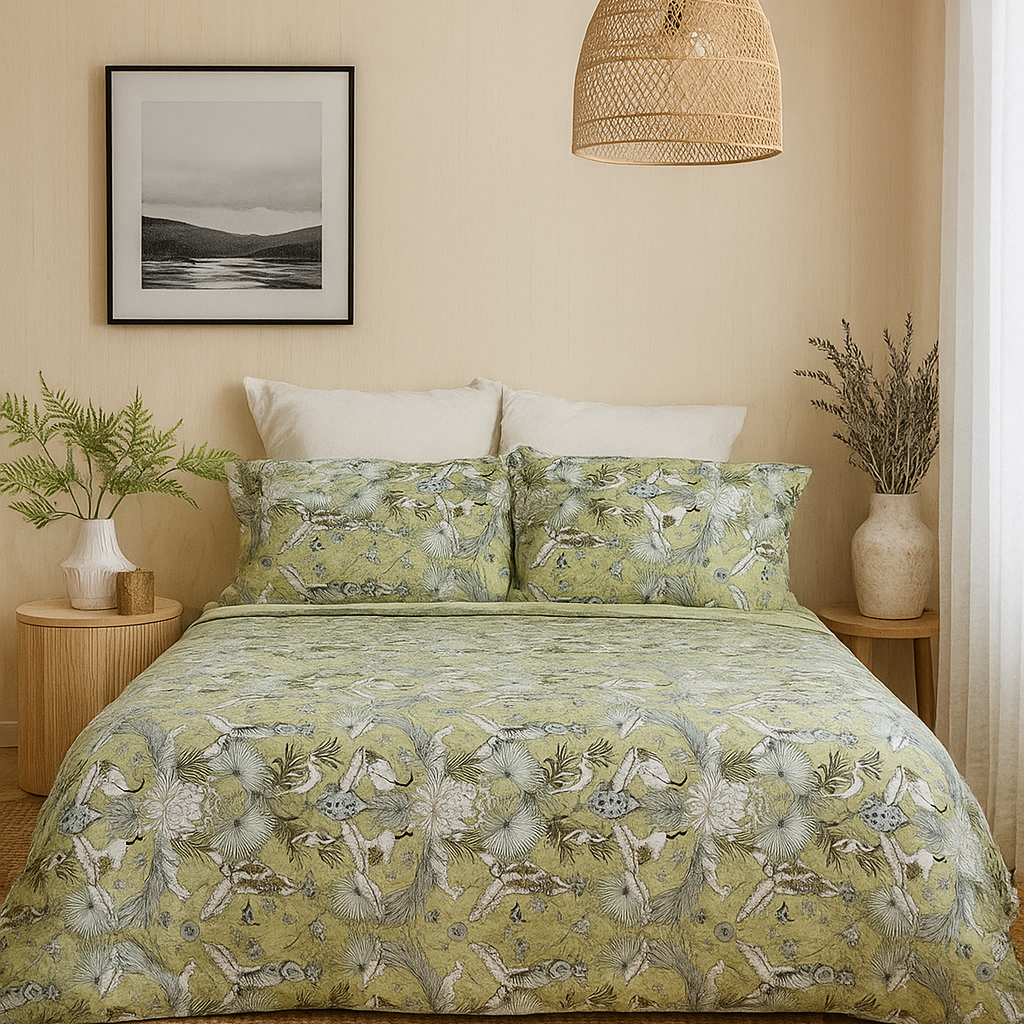 Green Botanical Cotton Quilt Set - Reversible Bedding