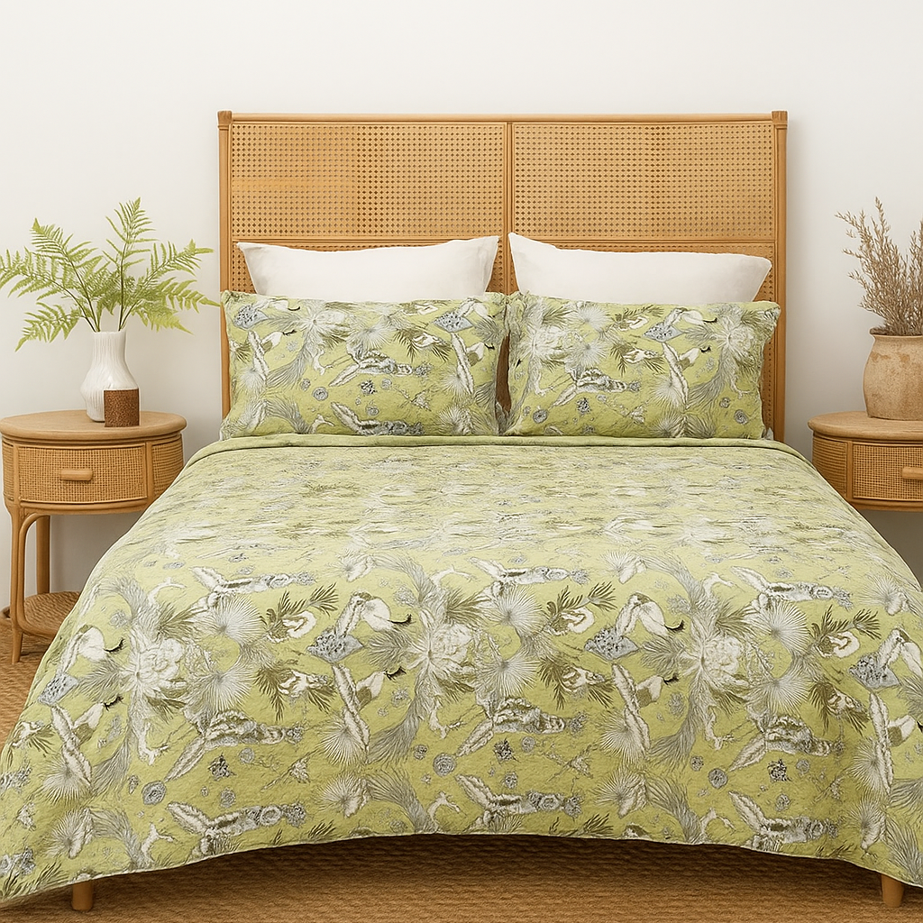 Green Botanical Cotton Quilt Set - Reversible Bedding