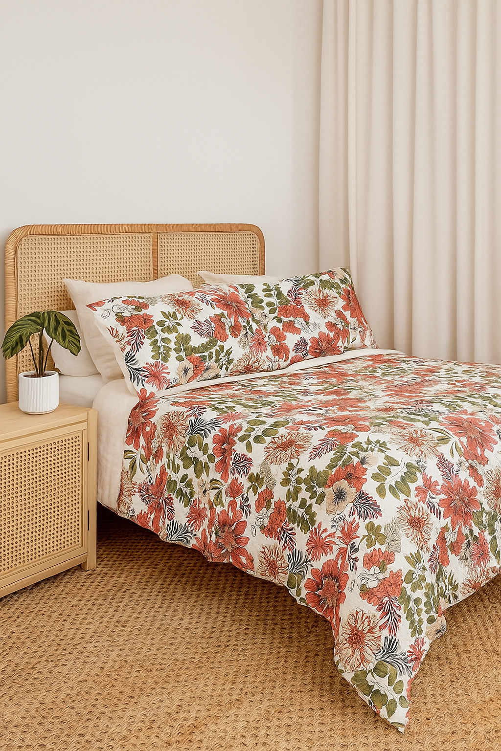 Coral Bloom Cotton Quilt Set - Floral King Size