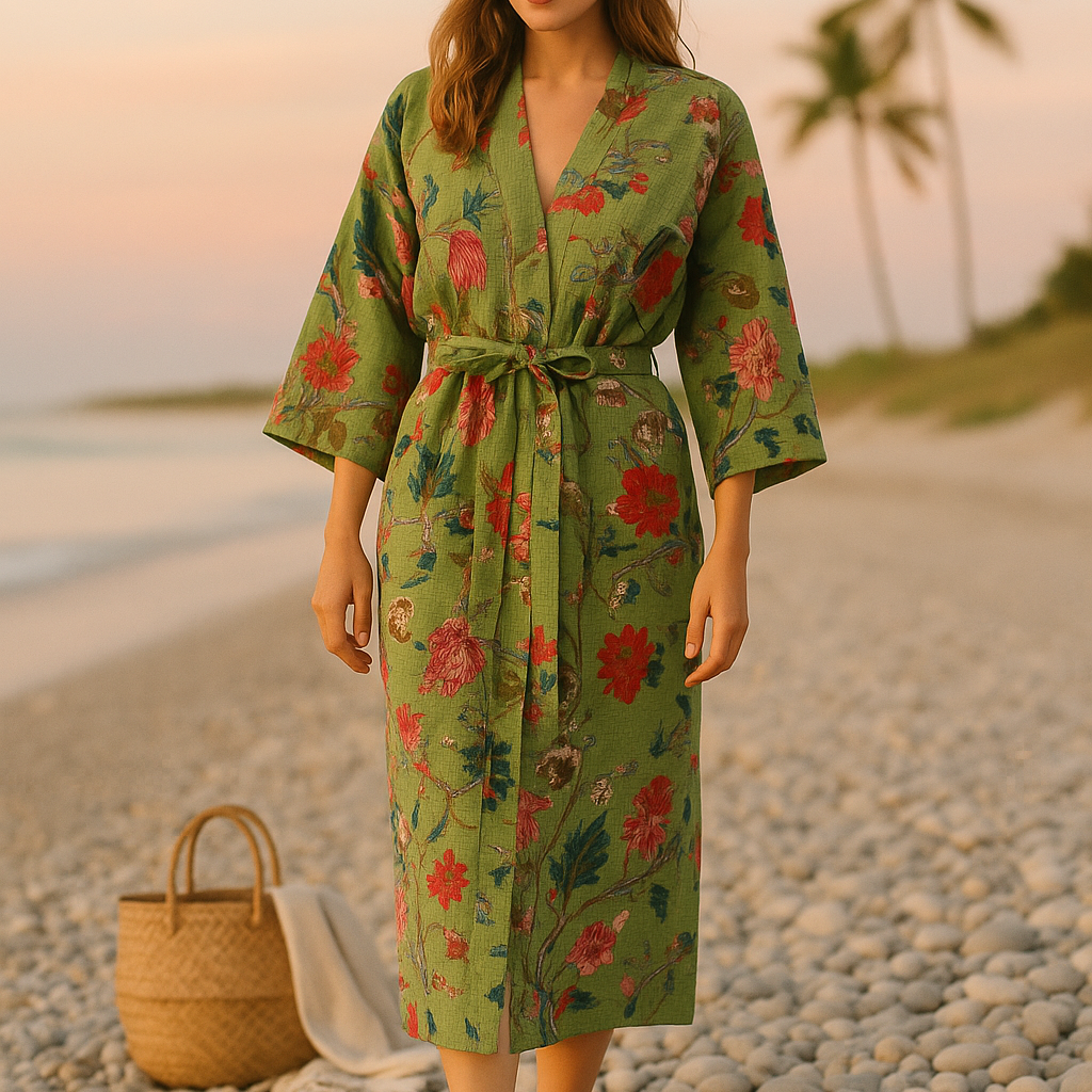 Green Floral Cotton Kimono Robe – Relaxed Waffle for Beach