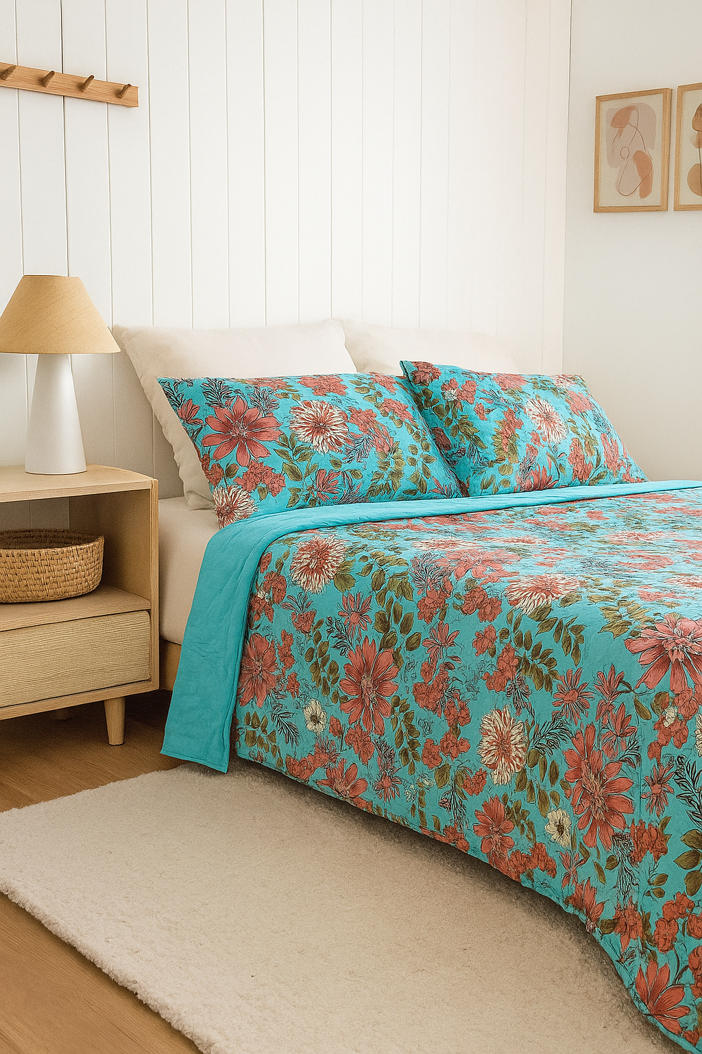 Turquoise Bloom Cotton Bedspread Set - King Size