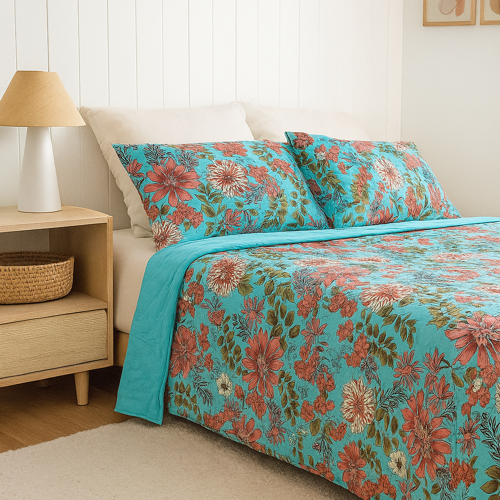 Turquoise Bloom Cotton Bedspread Set - King Size