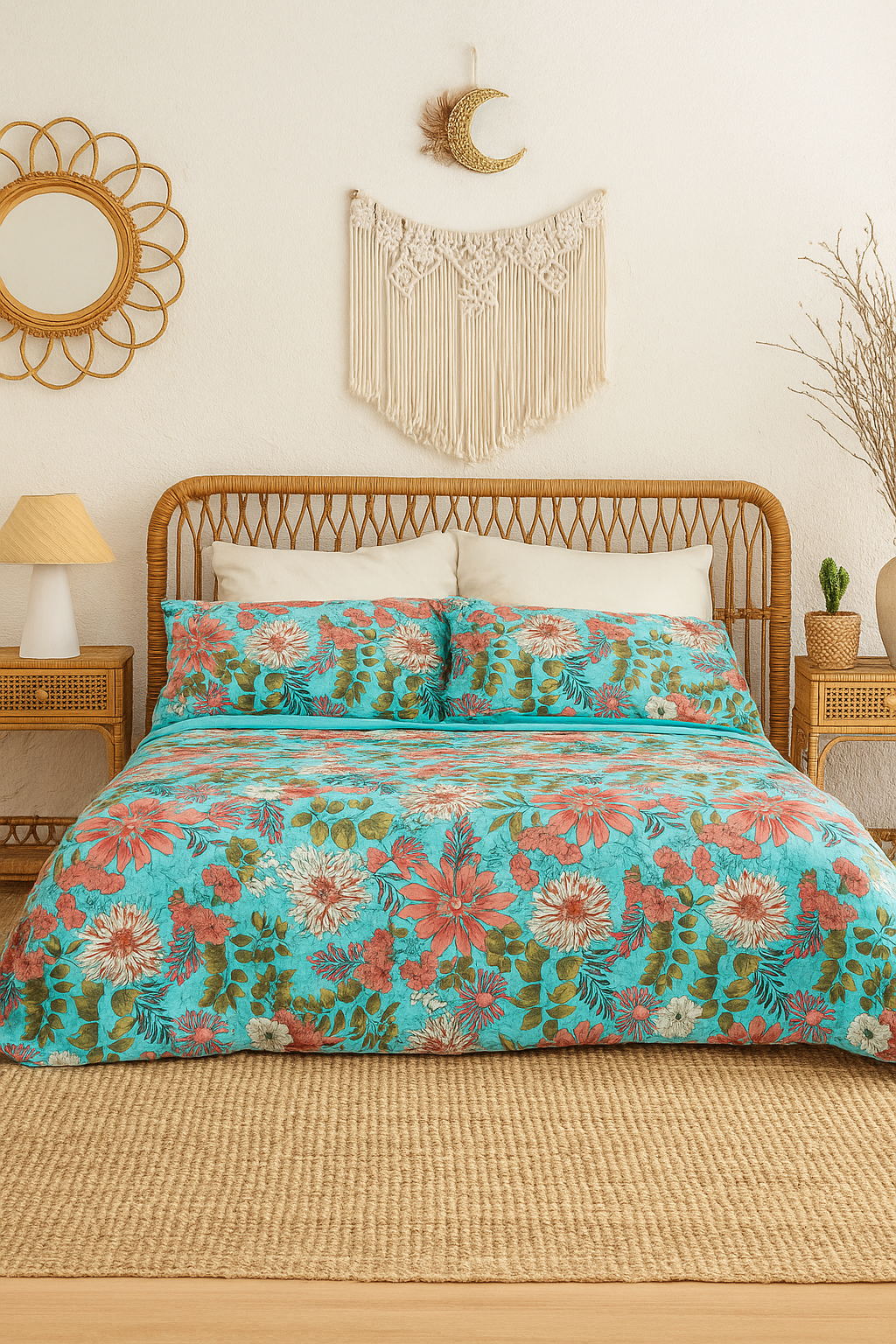 Turquoise Bloom Cotton Bedspread Set - King Size
